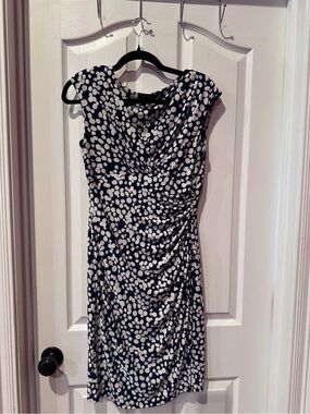 Lauren Ralph Lauren Navy and White Polka Dot Ruched Midi Dress